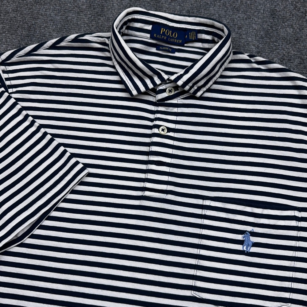 Polo Ralph Lauren Pocket Polo Shirt Men's M Navy Striped Classic Fit 100% Cotton